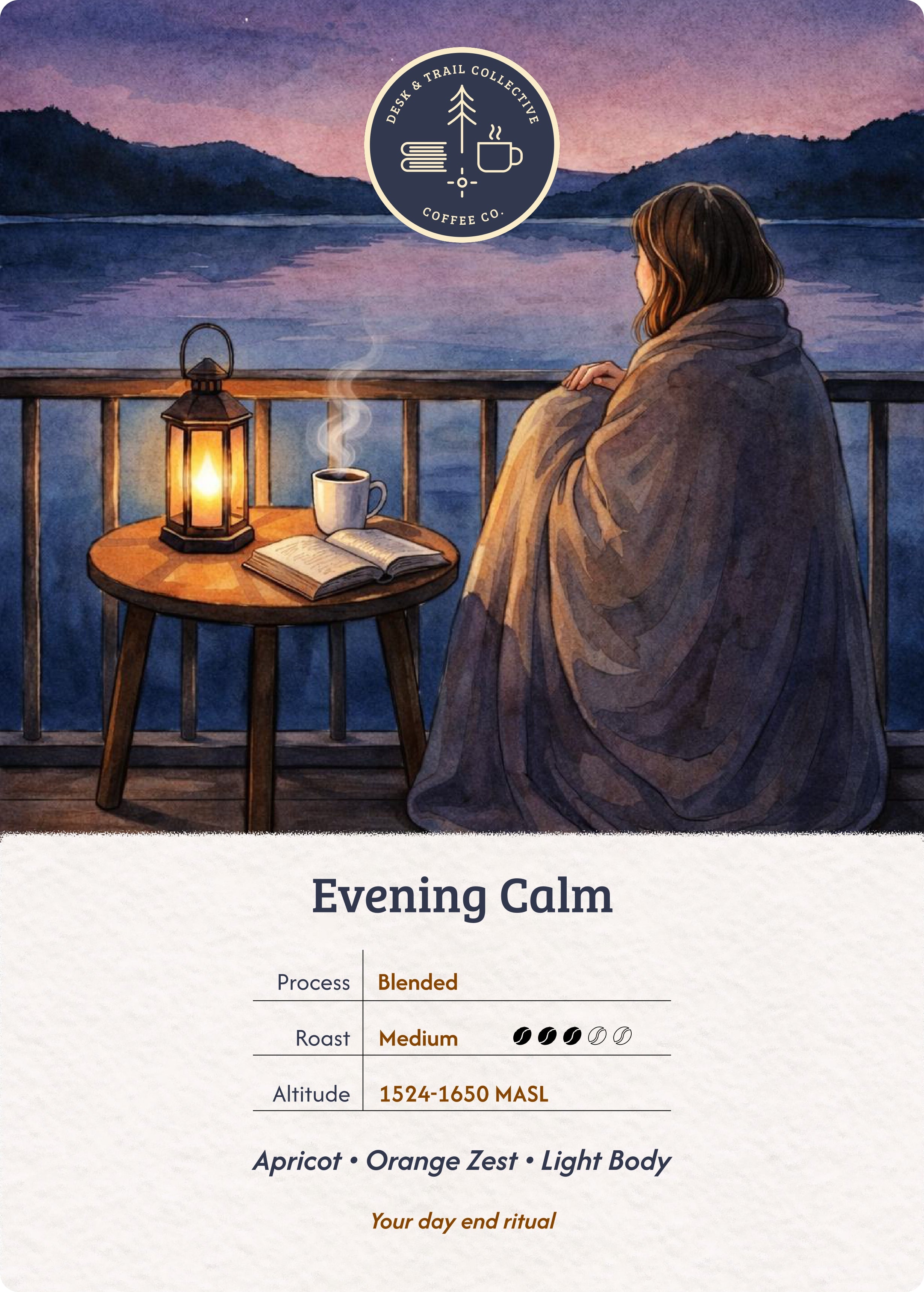 Evening coffee ritual with soft light and calm lakeside atmosphere