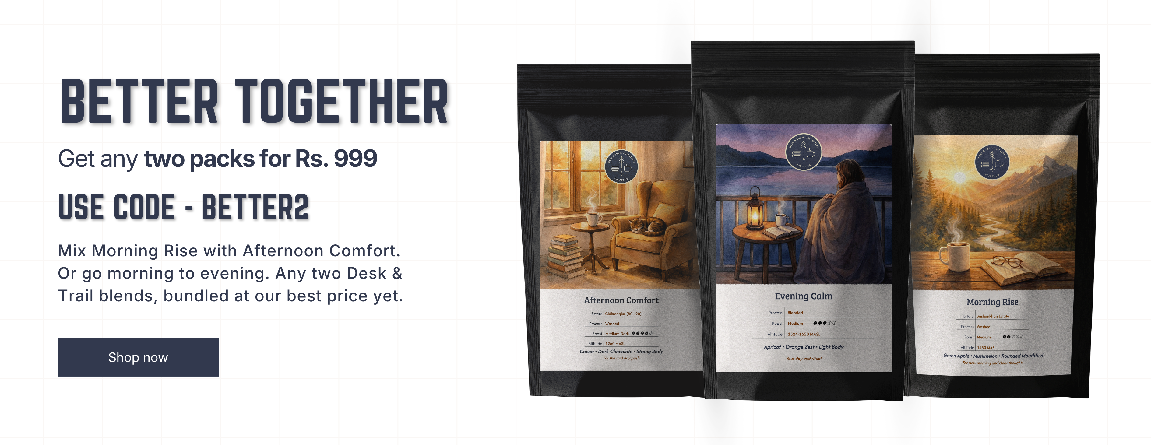 Three coffee packages with scenic designs on a white background, featuring promotional text.