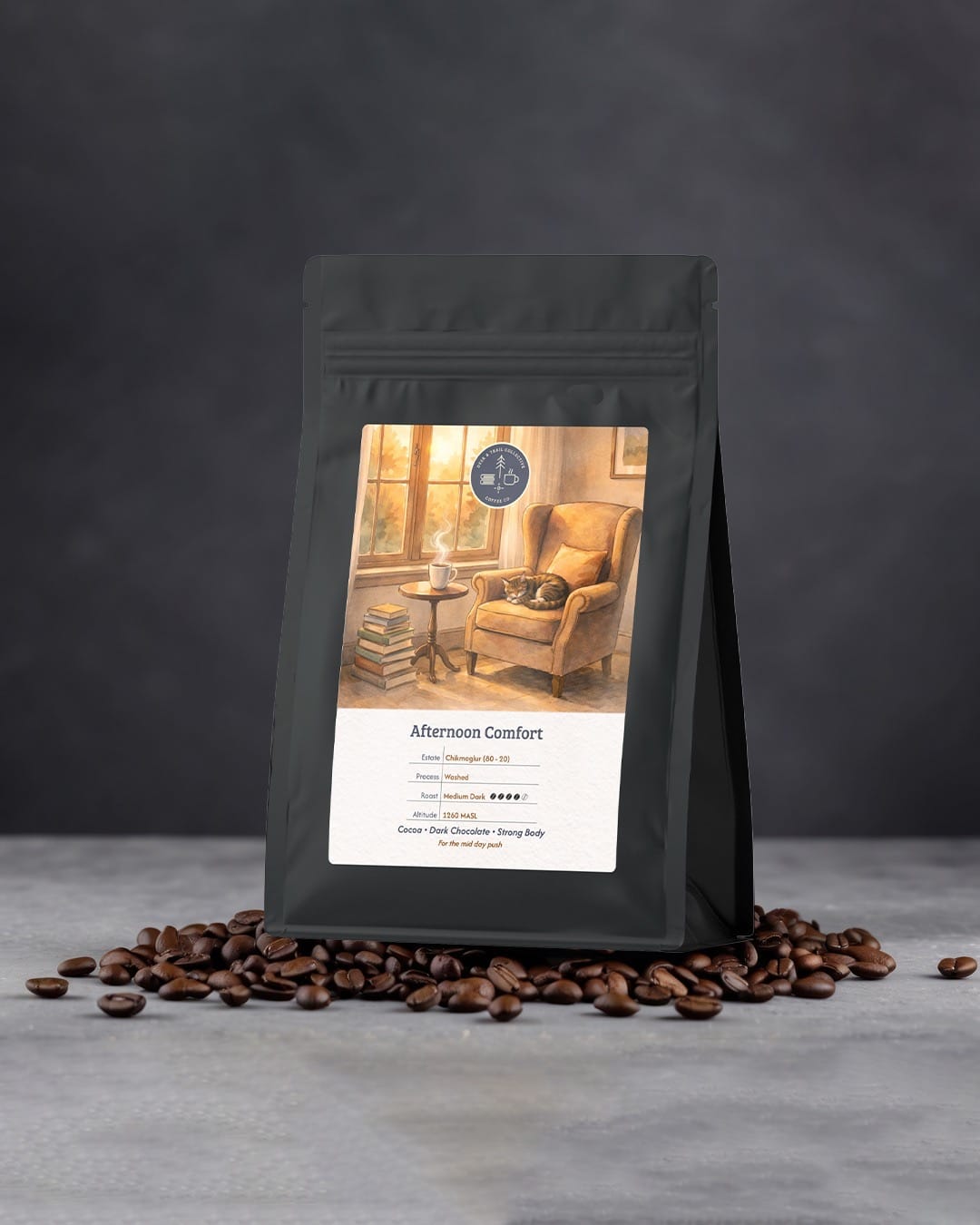 Afternoon Comfort medium dark roast coffee from Chikmagalur by Desk & Trail
